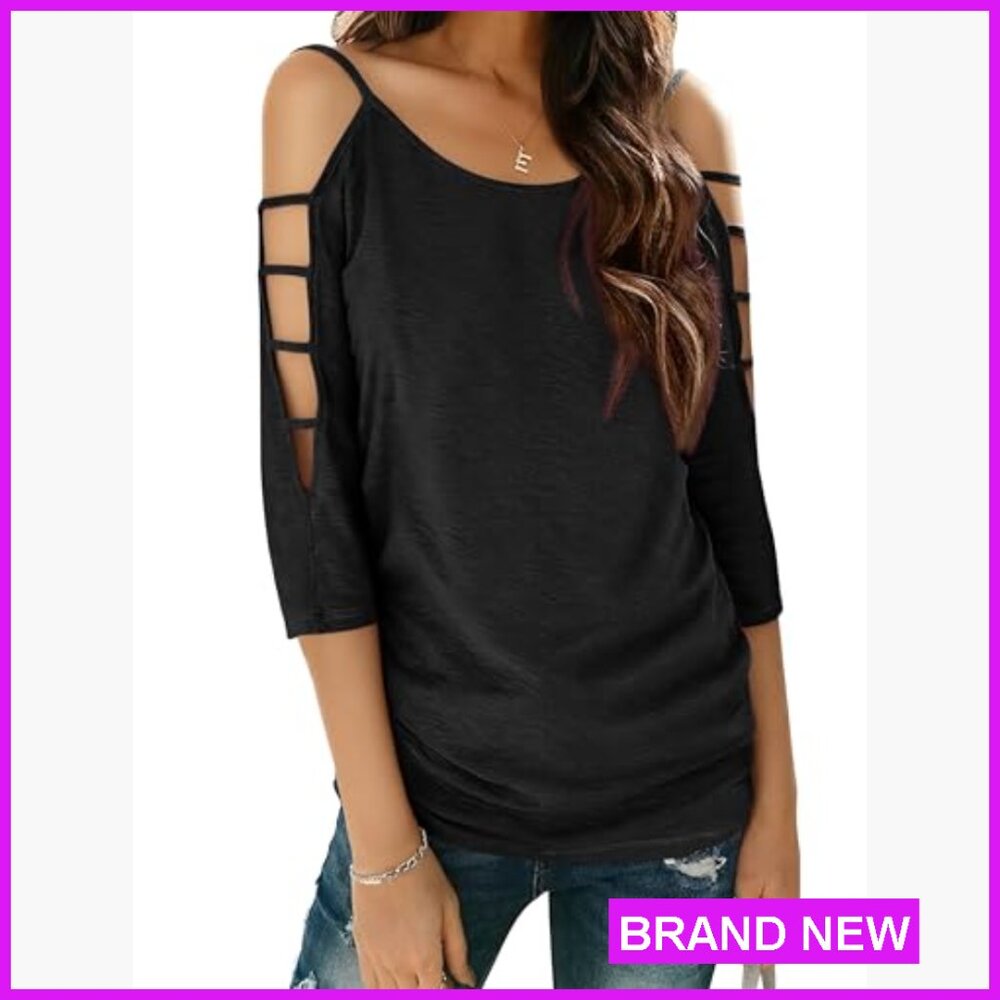 Cold Shoulder Tunic Top 3/4 Sleeve Sexy Going Out Casual Loose Fit - Picture 2 of 5